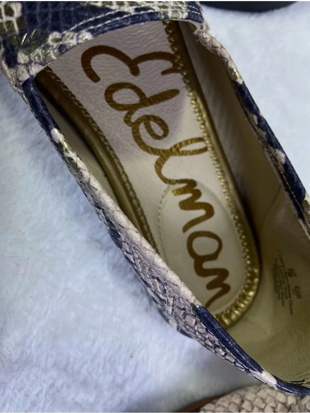 Sam Edelman Navy & Cream Snake-Print Loafers with Gold Bit